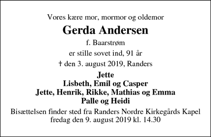 Dødsannoncen for Gerda Andersen - Randers