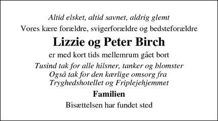 Dødsannoncen for Lizzie og Peter Birch - Randers
