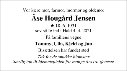 Dødsannoncen for Åse Hougård Jensen - Hald