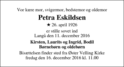Dødsannoncen for Petra Eskildsen - Langå