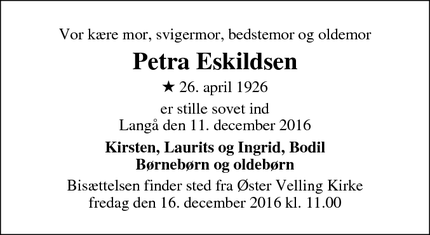 Dødsannoncen for Petra Eskildsen - Langå
