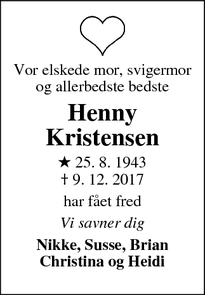 Dødsannoncen for  Henny Kristensen - Nr.Ålum