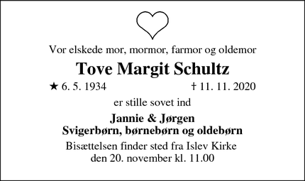 Dødsannoncen for Tove Margit Schultz - Rødovre