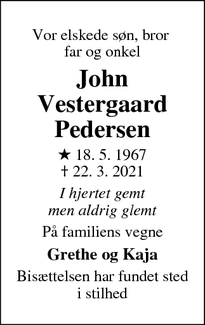 Dødsannoncen for John Vestergaard Pedersen - Nakskov