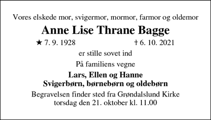 Dødsannoncen for Anne Lise Thrane Bagge - Rødovre