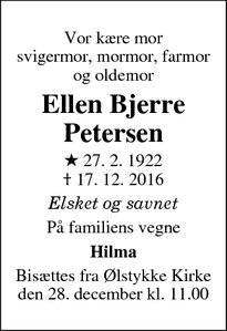 Dødsannoncen for Ellen Bjerre Petersen - Ølstykke