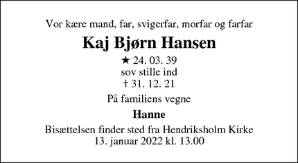 Dødsannoncen for Kaj Bjørn Hansen - Rødovre