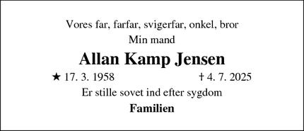 Dødsannoncen for Allan Kamp Jensen - Glostrup