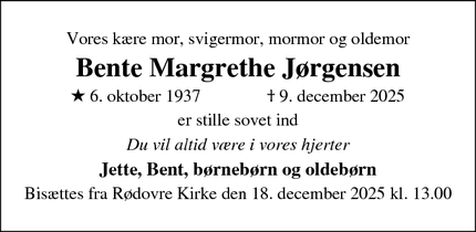 Dødsannoncen for Bente Margrethe J&oslash;rgensen - Rødovre