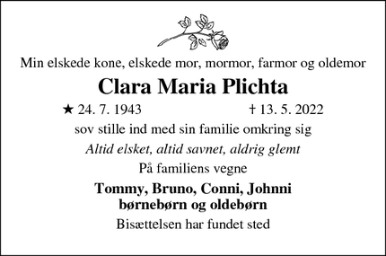 Dødsannoncen for Clara Maria Plichta - Rødovre