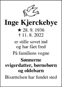 Dødsannoncen for Inge Kjerckebye - Roedovre