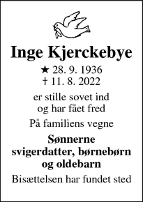 Dødsannoncen for Inge Kjerckebye - Roedovre