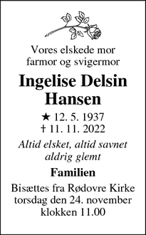 Dødsannoncen for Ingelise Delsin
Hansen - Rødovre
