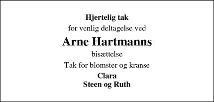 Dødsannoncen for Arne Hartmanns - Rødovre