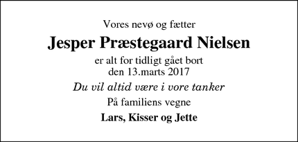 Dødsannoncen for Jesper Præstegaard Nielsen - Rødovre