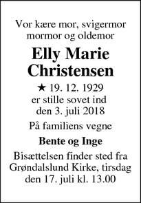 Dødsannoncen for Elly Marie Christensen - Rødovre