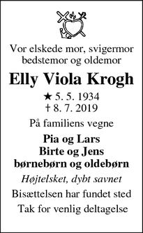 Dødsannoncen for Elly Viola Krogh - Egå
