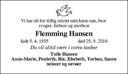 Dødsannoncen for Flemming Hansen - Hinnerup