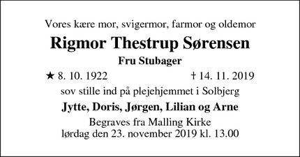 Dødsannoncen for Rigmor Thestrup Sørensen - 8355 Solbjerg