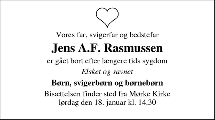 Dødsannoncen for Jens A.F. Rasmussen - Dagstrup 