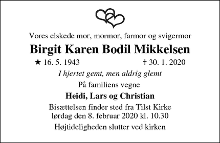 Dødsannoncen for Birgit Karen Bodil Mikkelsen - Mårslet