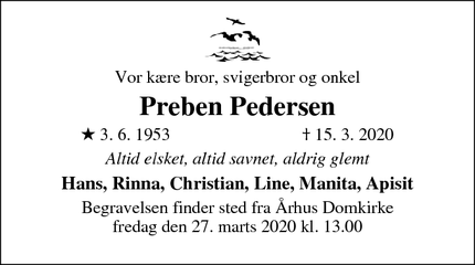 Dødsannoncen for Preben Pedersen - Århus