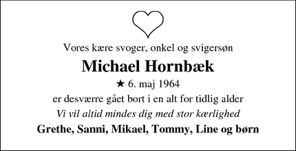 Dødsannoncen for Michael Hornbæk - Risskov /Århus