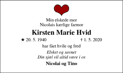 Dødsannoncen for Kirsten Marie Hvid - 8270- Højbjerg