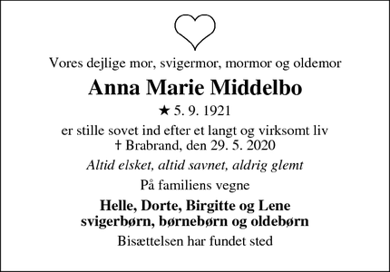 Dødsannoncen for Anna Marie Middelbo - Brabrand