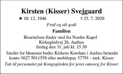 Dødsannoncen for Kirsten (Kisser) Svejgaard - Hadsten