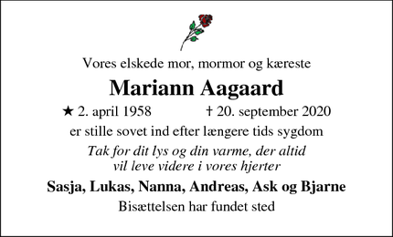 Dødsannoncen for Mariann Aagaard - Risskov