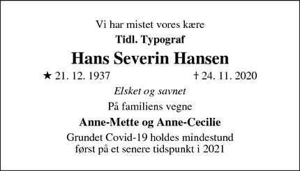 Dødsannoncen for Hans Severin Hansen - Gudhjem