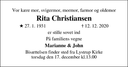 Dødsannoncen for Rita Christiansen - Lystrup