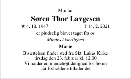 Dødsannoncen for Søren Thor Lavgesen - København S