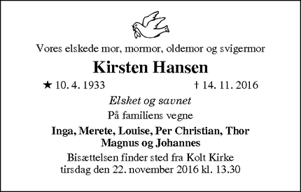 Dødsannoncen for Kirsten Hansen - Kolt