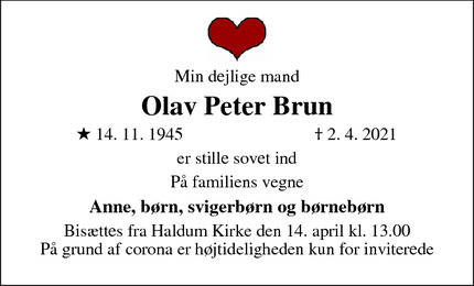 Dødsannoncen for Olav Peter Brun - Thyholm