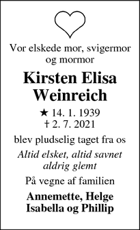 Dødsannoncen for Kirsten Elisa
Weinreich - Holme
