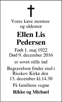 Dødsannoncen for Ellen Lis Pedersen - Frederiksberg C