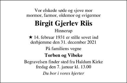Dødsannoncen for Birgit Gjerlev Riis - Hinnerup