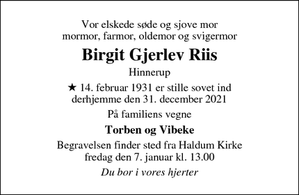 Dødsannoncen for Birgit Gjerlev Riis - Hinnerup