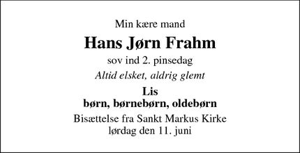 Dødsannoncen for Hans Jørn Frahm - Århus