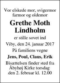 Dødsannoncen for Grethe Moth Lindholm - Viby