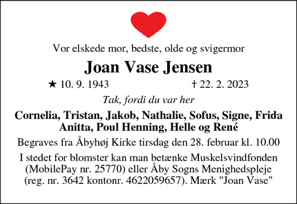 Dødsannoncen for Joan Vase Jensen - Åbyhøj