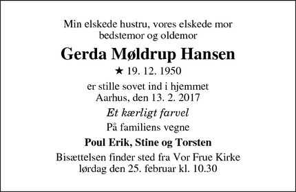 Dødsannoncen for Gerda Møldrup Hansen - Aarhus