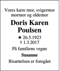 Dødsannoncen for Doris Karen Poulsen - Beder