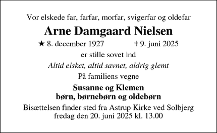 Dødsannoncen for Arne Damgaard Nielsen - 7400
