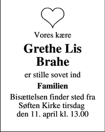 Dødsannoncen for Grethe Lis Brahe - Søften