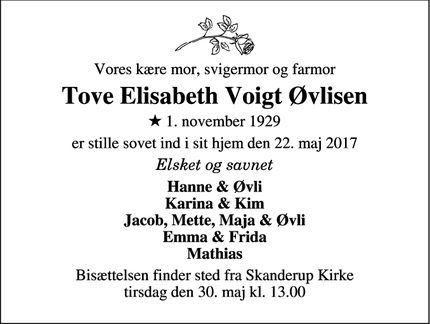 Dødsannoncen for Tove Elisabeth Voigt Øvlisen - Skanderborg