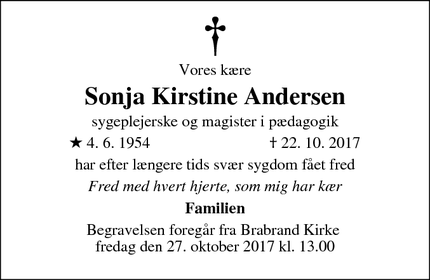 Dødsannoncen for Sonja Kirstine Andersen - Brabrand