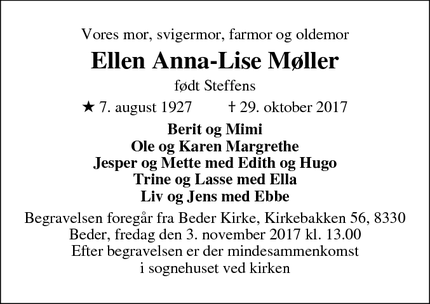 Dødsannoncen for Ellen Anna-Lise Møller - Aarhus